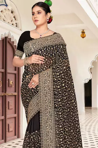 Black zarkan embroidered georgette designer saree for women
