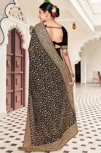 Black zarkan embroidered georgette designer saree for women