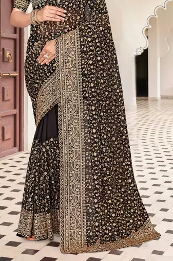 Black zarkan embroidered georgette designer saree for women