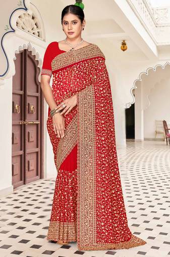 Red zarkan embroidered georgette designer saree for women