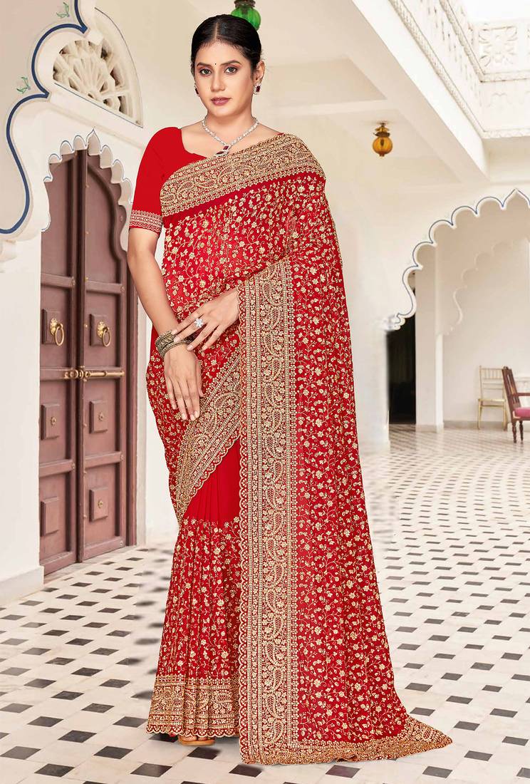 Red zarkan embroidered georgette designer saree for women