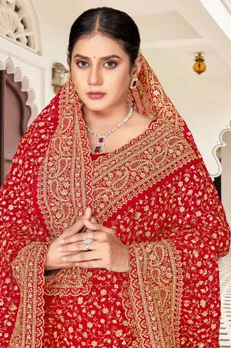 Red zarkan embroidered georgette designer saree for women