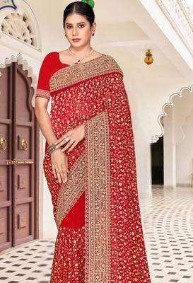 Red zarkan embroidered georgette designer saree for women 3