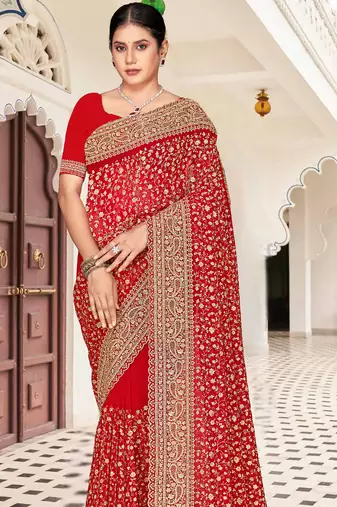 Red zarkan embroidered georgette designer saree for women
