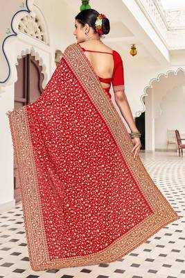 Red zarkan embroidered georgette designer saree for women 4