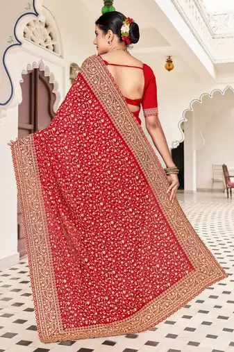 Red zarkan embroidered georgette designer saree for women