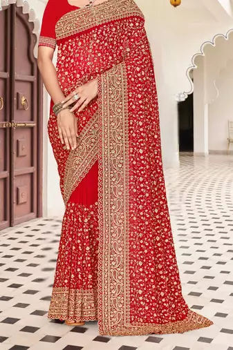 Red zarkan embroidered georgette designer saree for women
