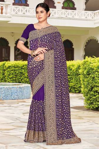Purple zarkan embroidered georgette designer saree for women