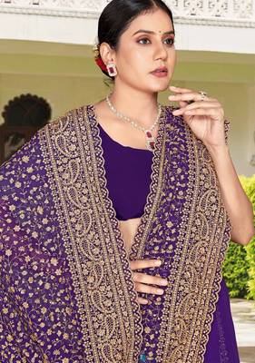 Purple zarkan embroidered georgette designer saree for women 2