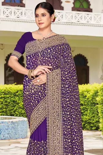 Purple zarkan embroidered georgette designer saree for women