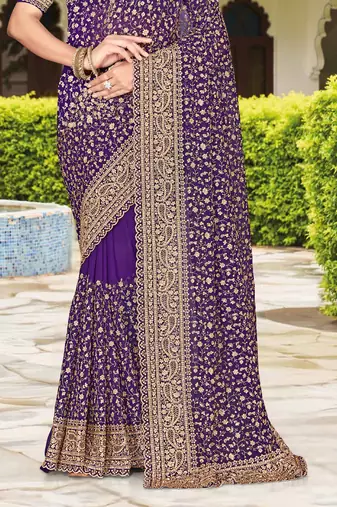 Purple zarkan embroidered georgette designer saree for women