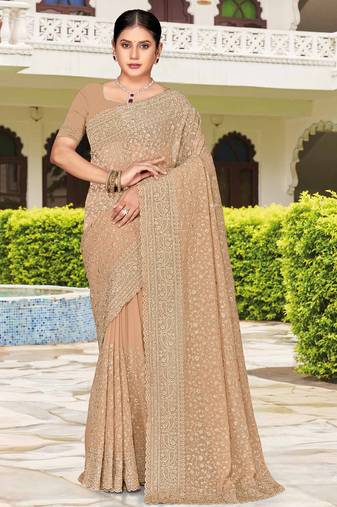 Beige zarkan embroidered georgette designer saree for women