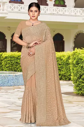 Beige zarkan embroidered georgette designer saree for women