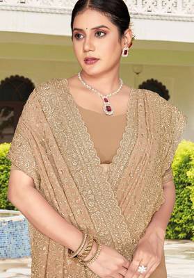 Beige zarkan embroidered georgette designer saree for women 2