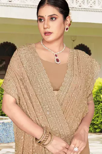 Beige zarkan embroidered georgette designer saree for women