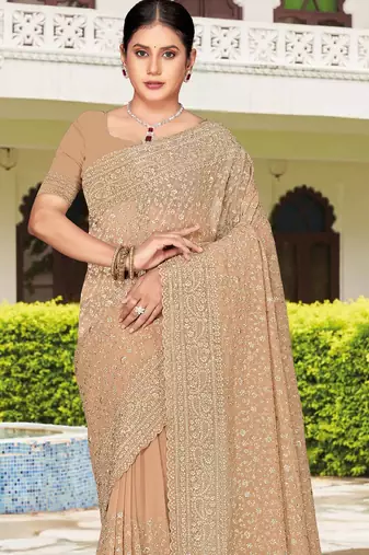 Beige zarkan embroidered georgette designer saree for women