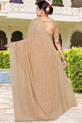 Beige zarkan embroidered georgette designer saree for women