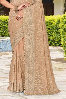 Beige zarkan embroidered georgette designer saree for women 5