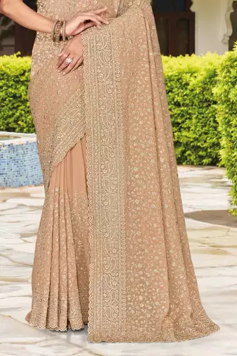 Beige zarkan embroidered georgette designer saree for women