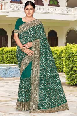 Teal green zarkan embroidered georgette designer saree for women 1