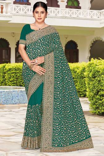 Teal green zarkan embroidered georgette designer saree for women