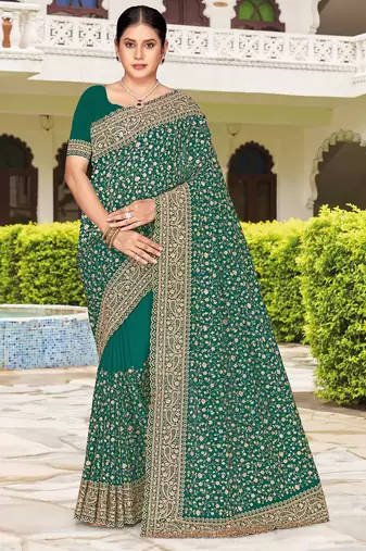 Teal green zarkan embroidered georgette designer saree for women