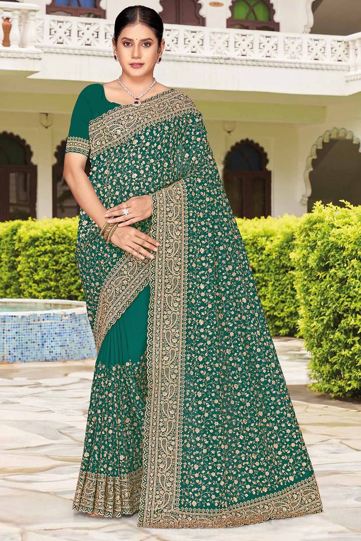Teal green zarkan embroidered georgette designer saree for women
