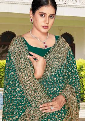 Teal green zarkan embroidered georgette designer saree for women 2