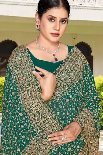 Teal green zarkan embroidered georgette designer saree for women