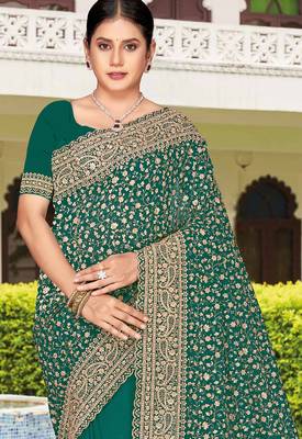 Teal green zarkan embroidered georgette designer saree for women 3