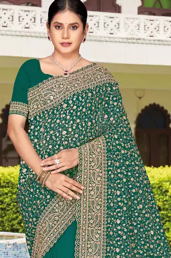 Teal green zarkan embroidered georgette designer saree for women