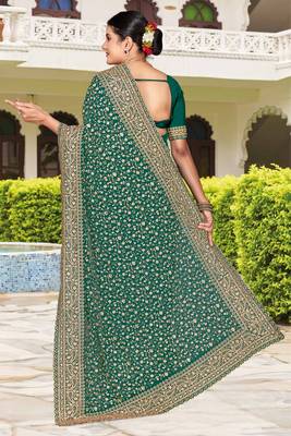 Teal green zarkan embroidered georgette designer saree for women 4
