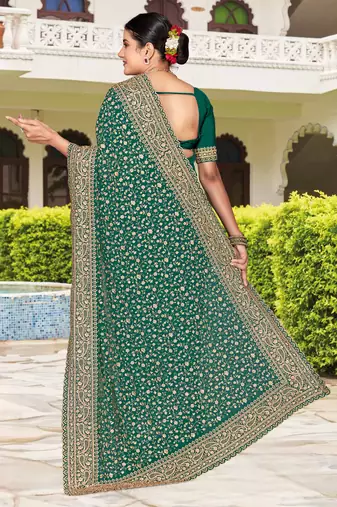 Teal green zarkan embroidered georgette designer saree for women