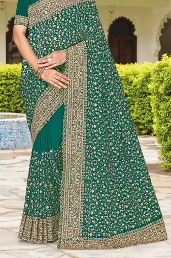 Teal green zarkan embroidered georgette designer saree for women