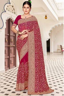 Magenta zarkan embroidered georgette designer saree for women 1