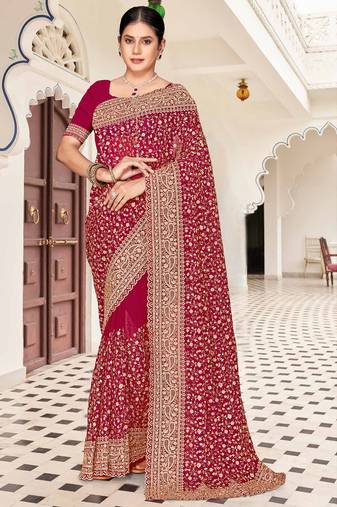 Magenta zarkan embroidered georgette designer saree for women