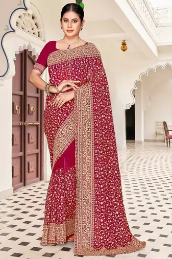 Magenta zarkan embroidered georgette designer saree for women