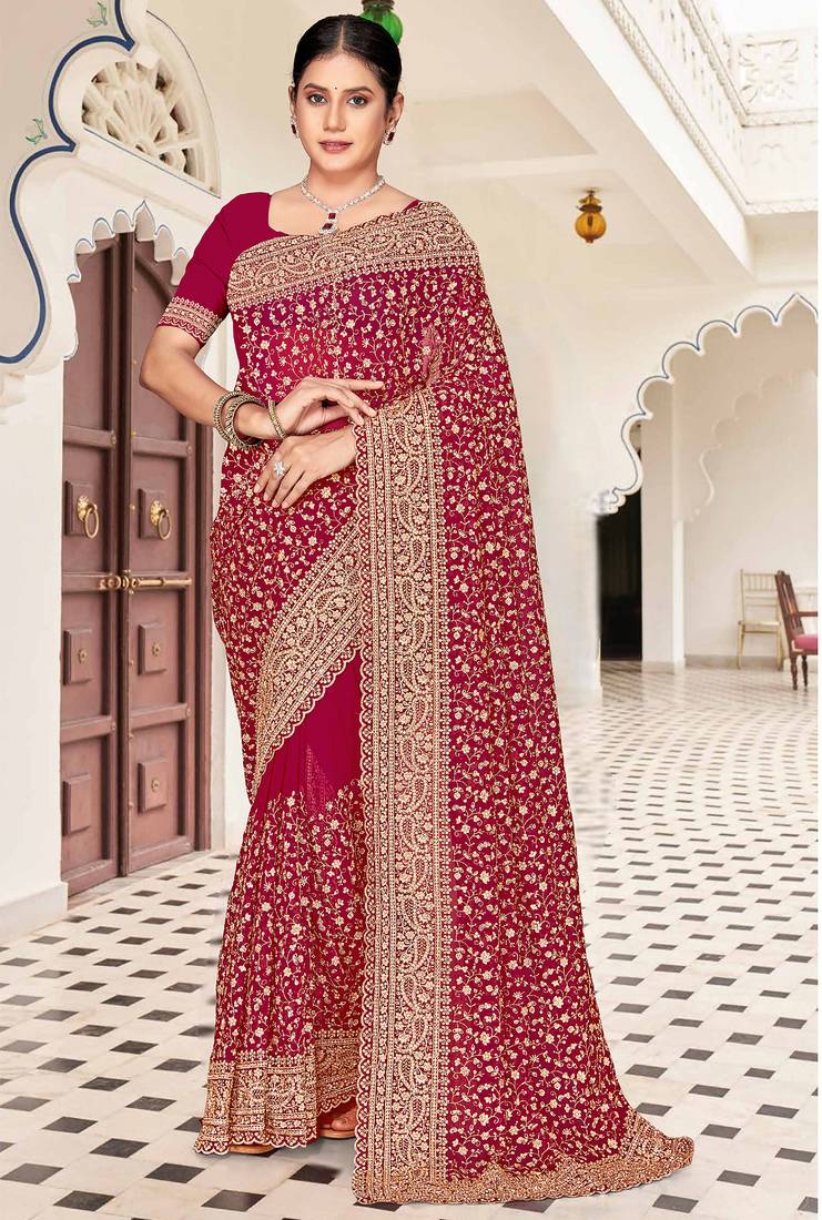 Magenta zarkan embroidered georgette designer saree for women
