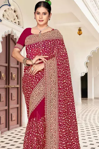 Magenta zarkan embroidered georgette designer saree for women