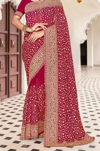 Magenta zarkan embroidered georgette designer saree for women