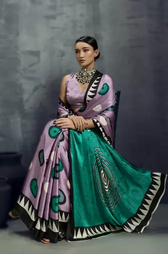 Modal satin ajrakh print saree  handblock inspired ethnic wear for women