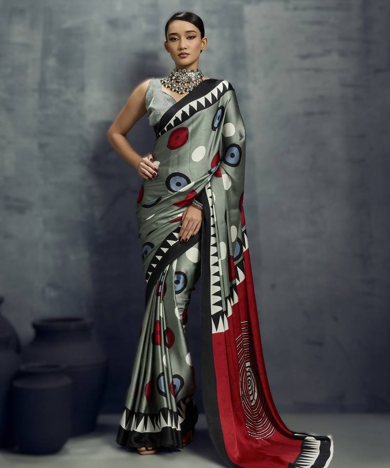 Modal satin ajrakh print saree – traditional handblock inspired ethnic wear for women