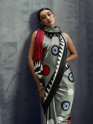 Modal satin ajrakh print saree handblock inspired ethnic wear for women 3