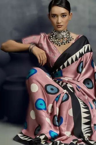 Modal satin ajrakh print saree  handblock inspired ethnic wear for women