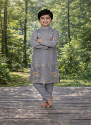 Grey color embroidery sequence work malai satin kurta payjama set 1