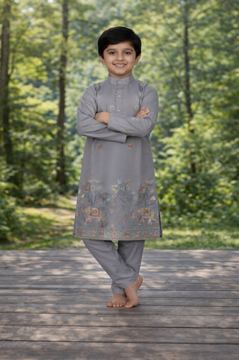 Grey color embroidery sequence work malai satin kurta payjama set