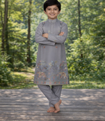 Grey color embroidery sequence work malai satin kurta payjama set