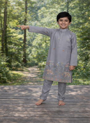 Grey color embroidery sequence work malai satin kurta payjama set 2