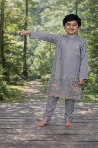 Grey color embroidery sequence work malai satin kurta payjama set