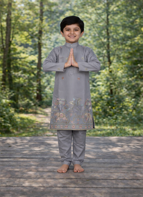 Grey color embroidery sequence work malai satin kurta payjama set 3